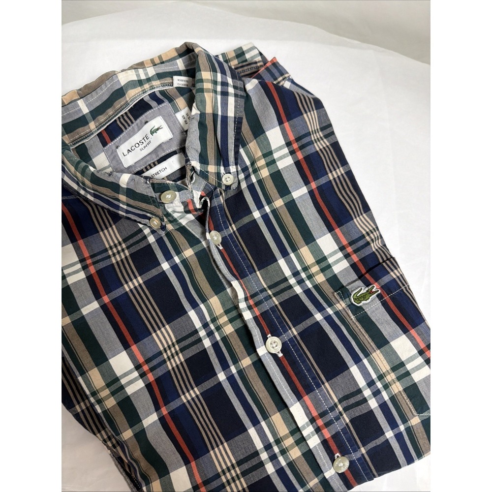 Lacoste Shirt Mens Med Stretch Fit Long Sleeve Plaid Multi-Color Button Front